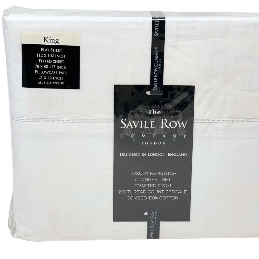 Savile Row London KING Size Luxury Hemstitch Sheet Set - ALL Cotton Percale